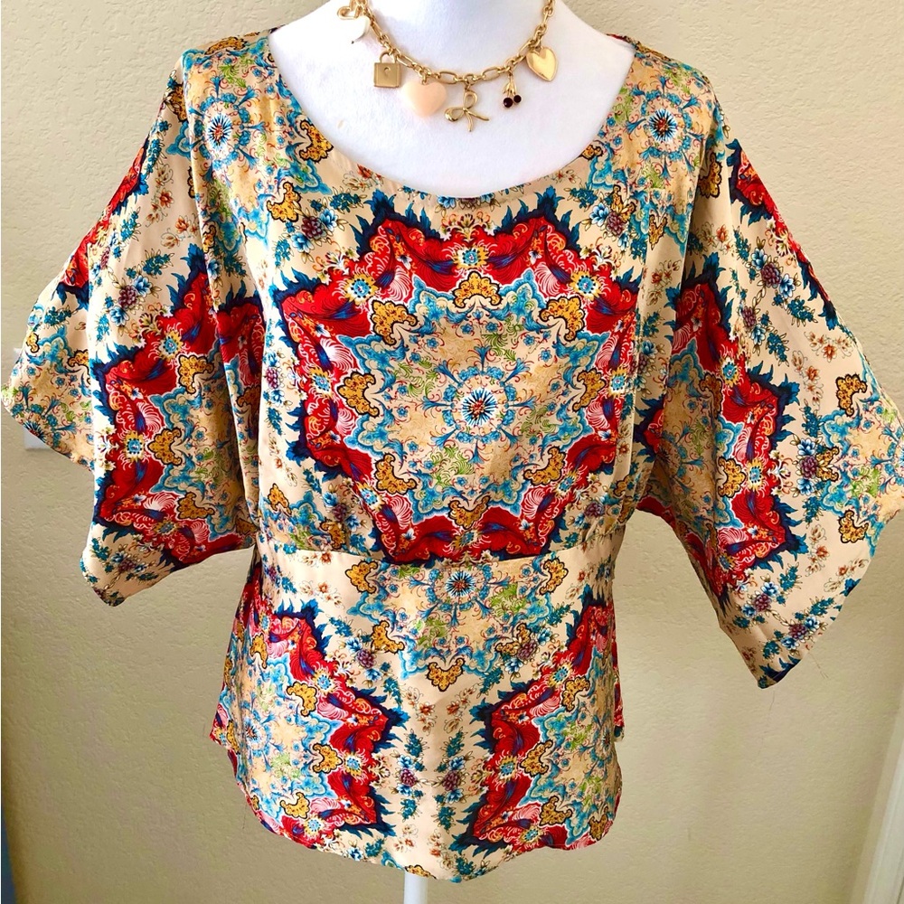KAS New York for Anthropologie Satin Medallion Print Blouse w/ Red & Turquoise